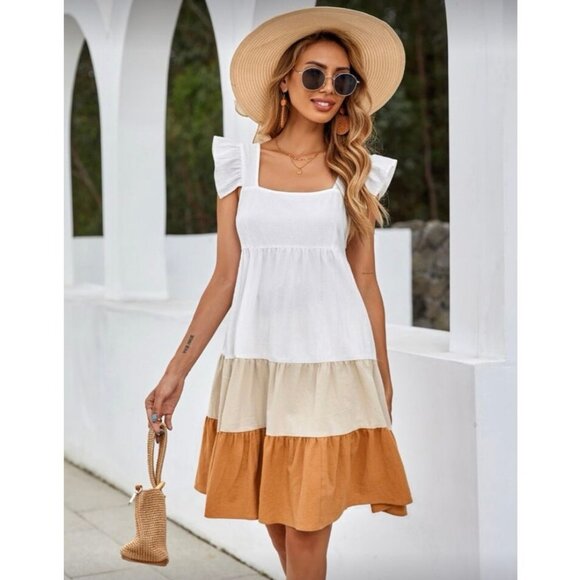 Shein Colorblock Orange White Ruffle Strap Tiered Mini Women’s Dress Small EUC - Picture 1 of 8